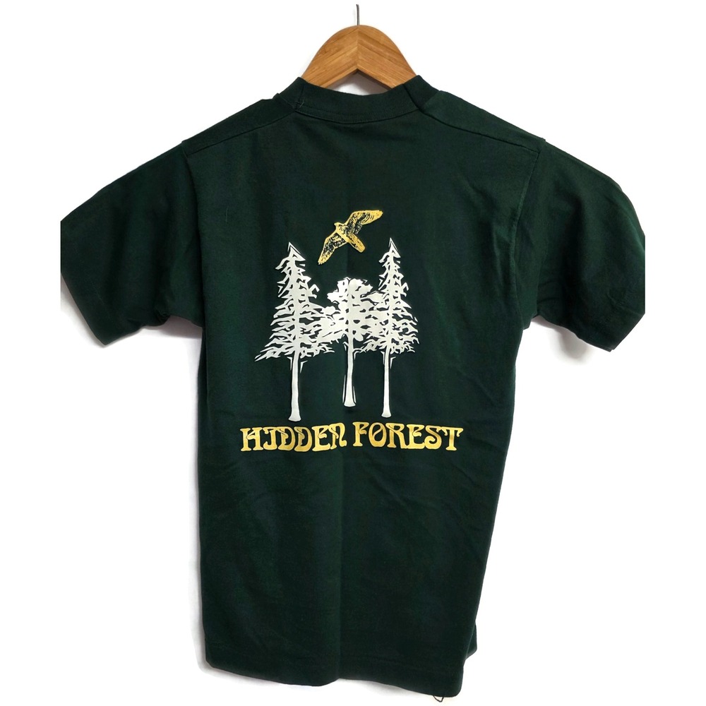 Vintage Fruit of the Loom Best Hidden Forest Pine Tree Hawk T-Shirt Green Small